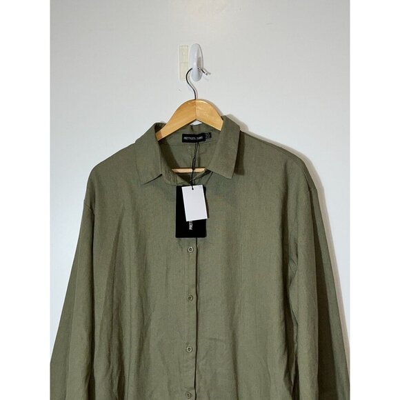 NWT PrettyLittleThing Khaki Linen Look Oversized Long Sleeve Playsuit Size 12 - Picture 3 of 13